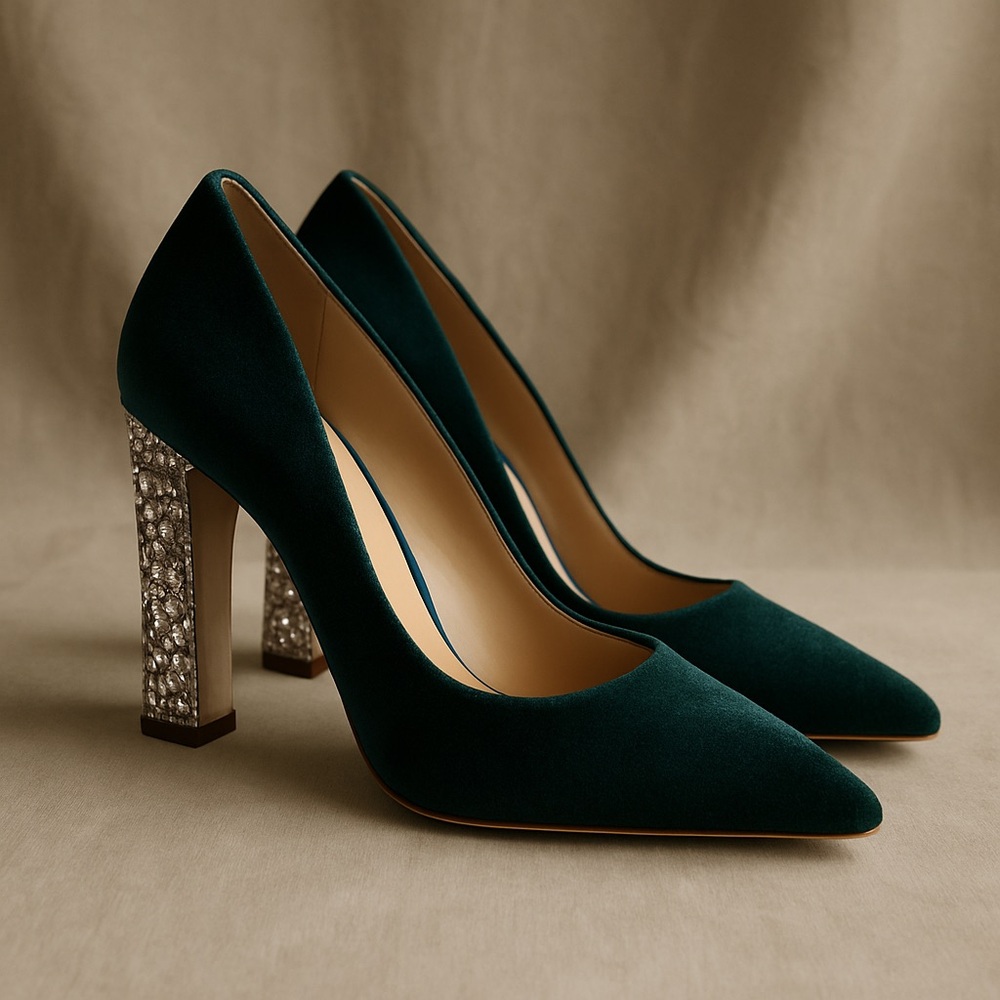 Betsey Johnson Corie Velvet Crystal Heel Pumps Emerald Green 7.5M Glam - Picture 11 of 11